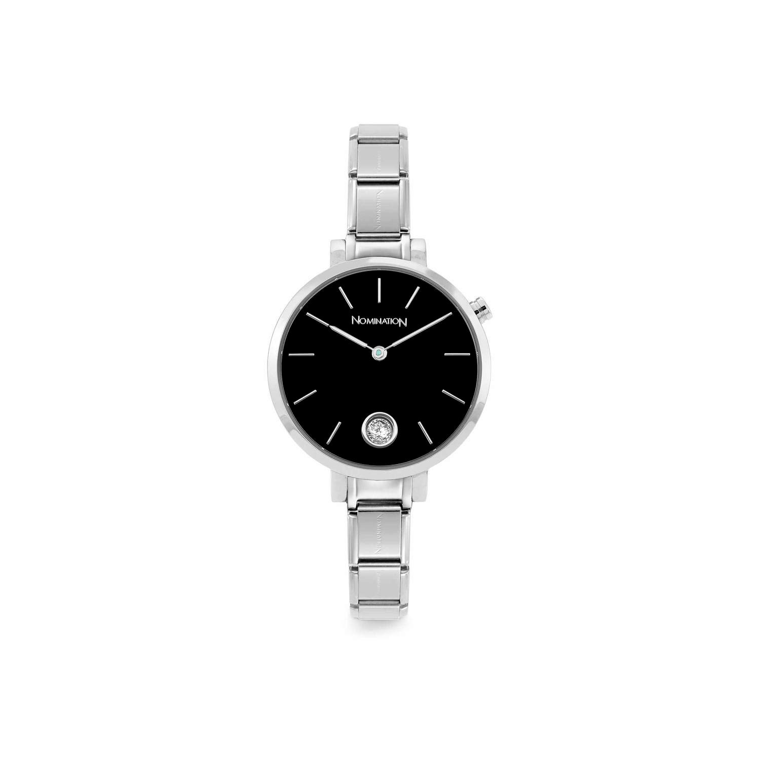 Composable Classic Time Yuvarlak Siyah Kadran Beyaz Zirkon Taşlı Gümüş Renk Kadın Kol Saati