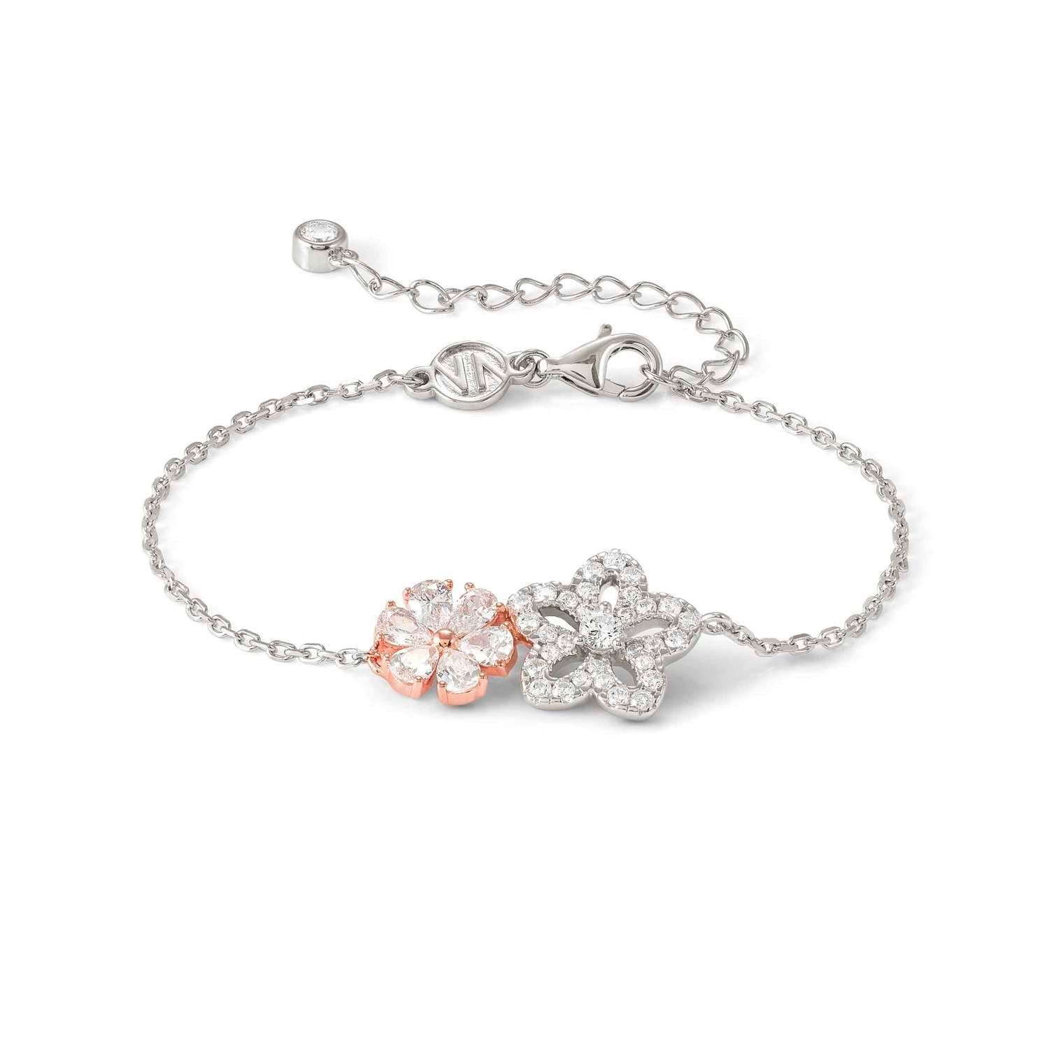 SweetMadame Beyaz Zirkon Taşlı Çift Çiçek Detaylı 925 Ayar Gümüş 22 Ayar Rose Gold Bileklik