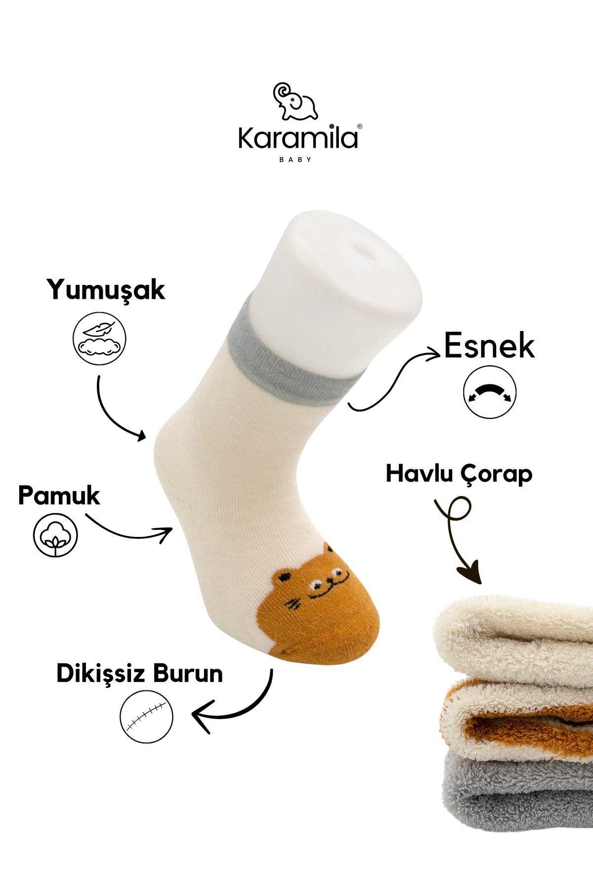 3'lü Havlu Çorap Çocuk %100 Pamuk / Bebek - Dikişsiz (1-2 Yaş Silikon Tabandır )