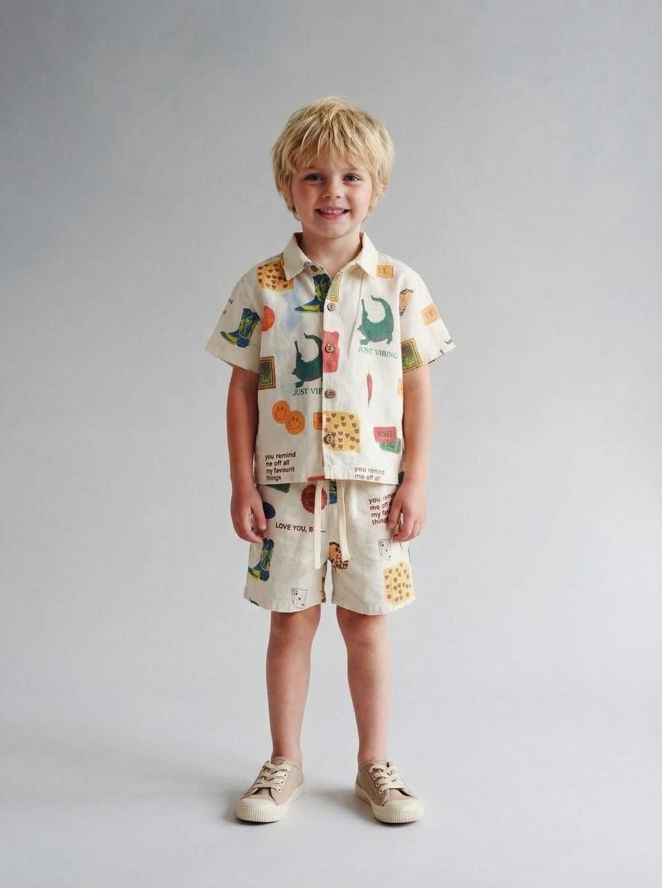 Erkek Çocuk Seyahat Desenli Keten Şort Gömlek Takım