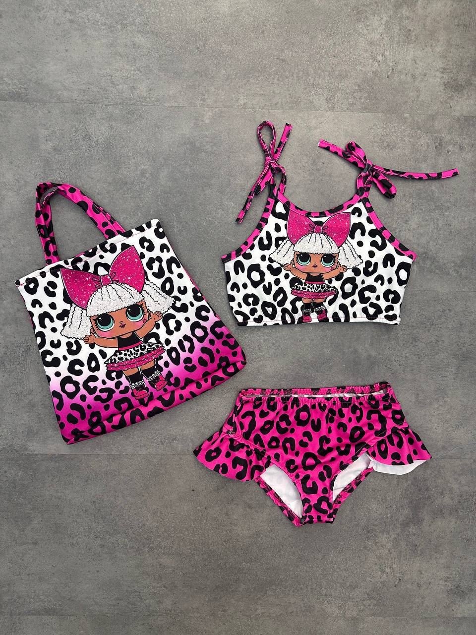 Kız Çocuk Çantalı Pembe-Beyaz Leopar Desenli Bikini Takımı
