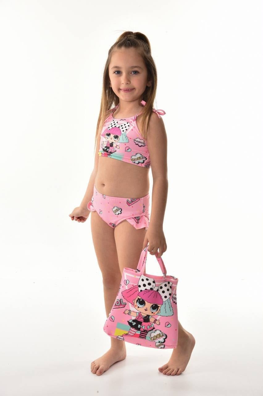 Kız Çocuk Çantalı Puantiyeli Pembe Bikini Takımı