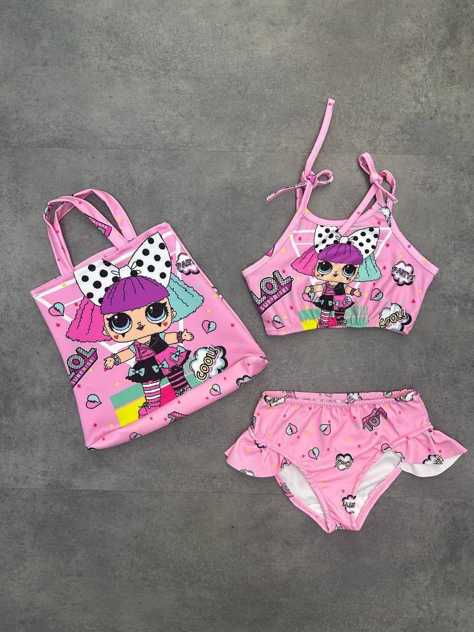 Kız Çocuk Çantalı Puantiyeli Pembe Bikini Takımı