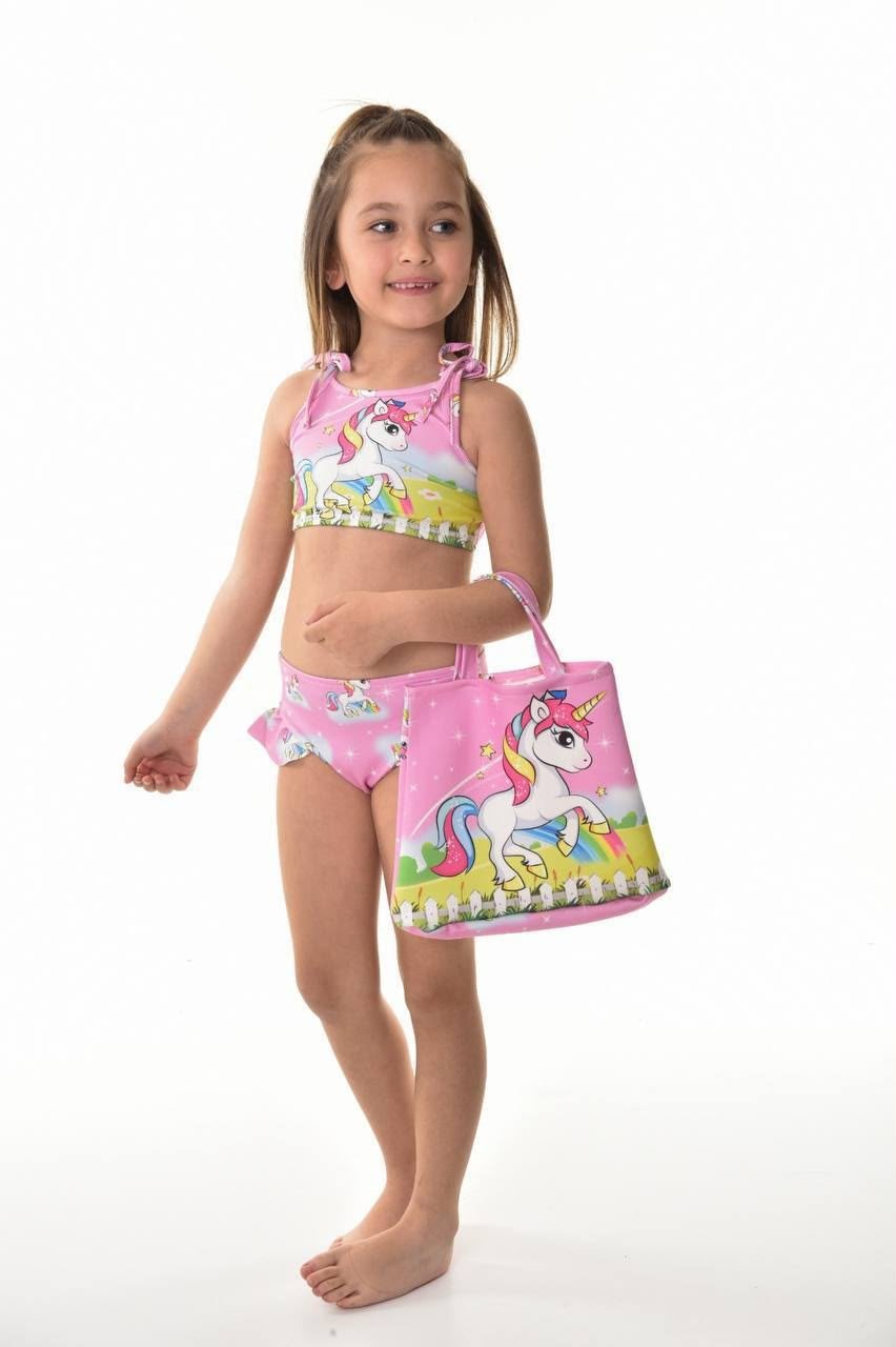Kız Çocuk Çantalı Unicorn Pembe Bikini Takımı