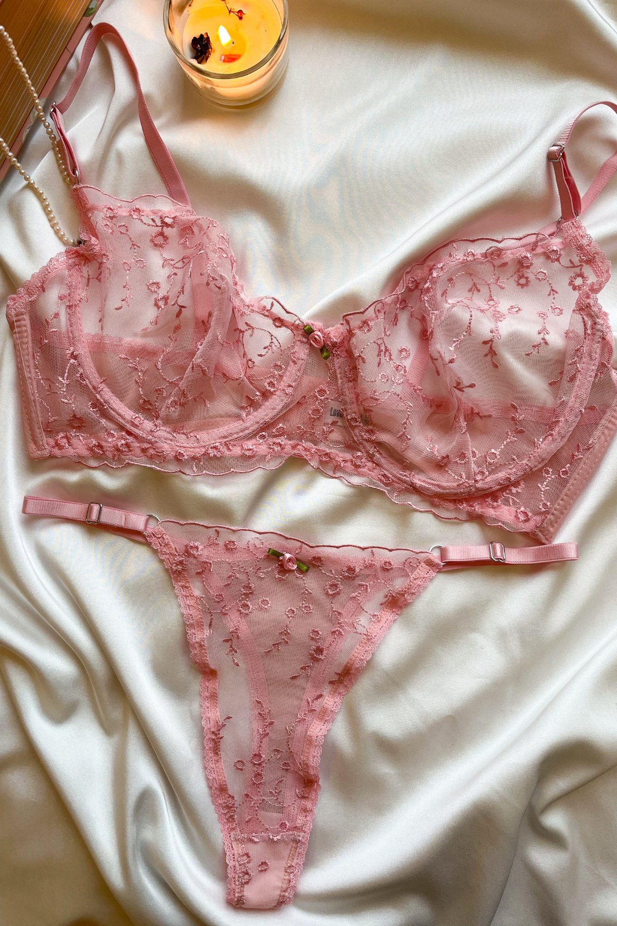  Celeste Koleksiyonu C Cup Pembe  Çiçekli Dantel Bralet & Külot Set