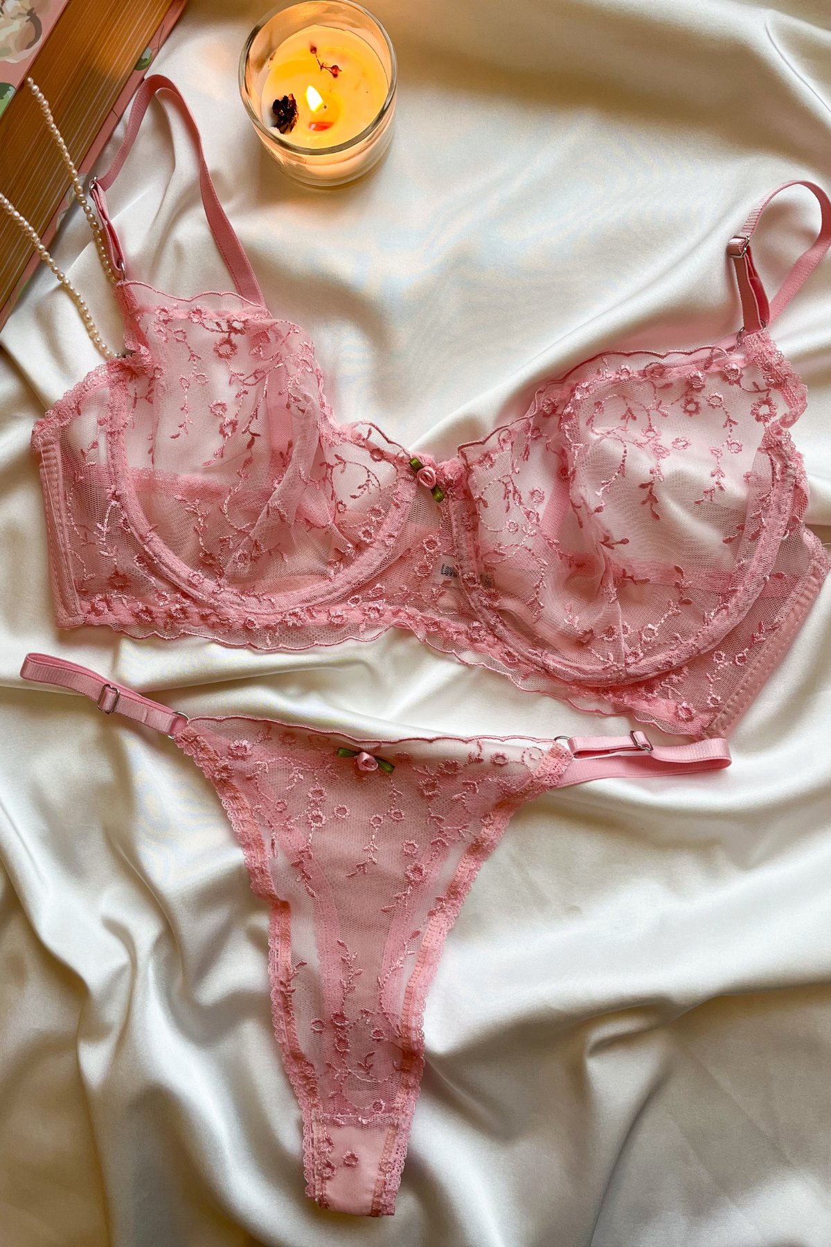  Celeste Koleksiyonu C Cup Pembe  Çiçekli Dantel Bralet & Külot Set