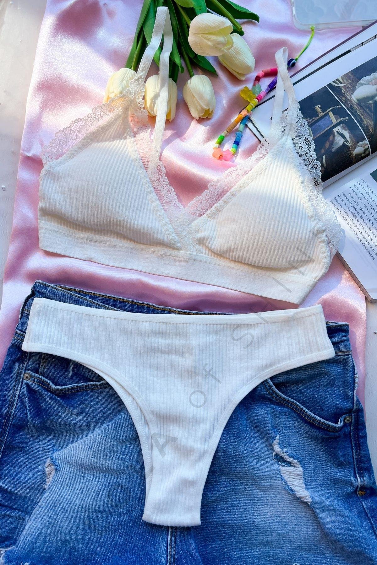  Florence Nightingale Koleksiyonu Beyaz Pamkulu Dantel Detaylı Bralet ve Külot Seti