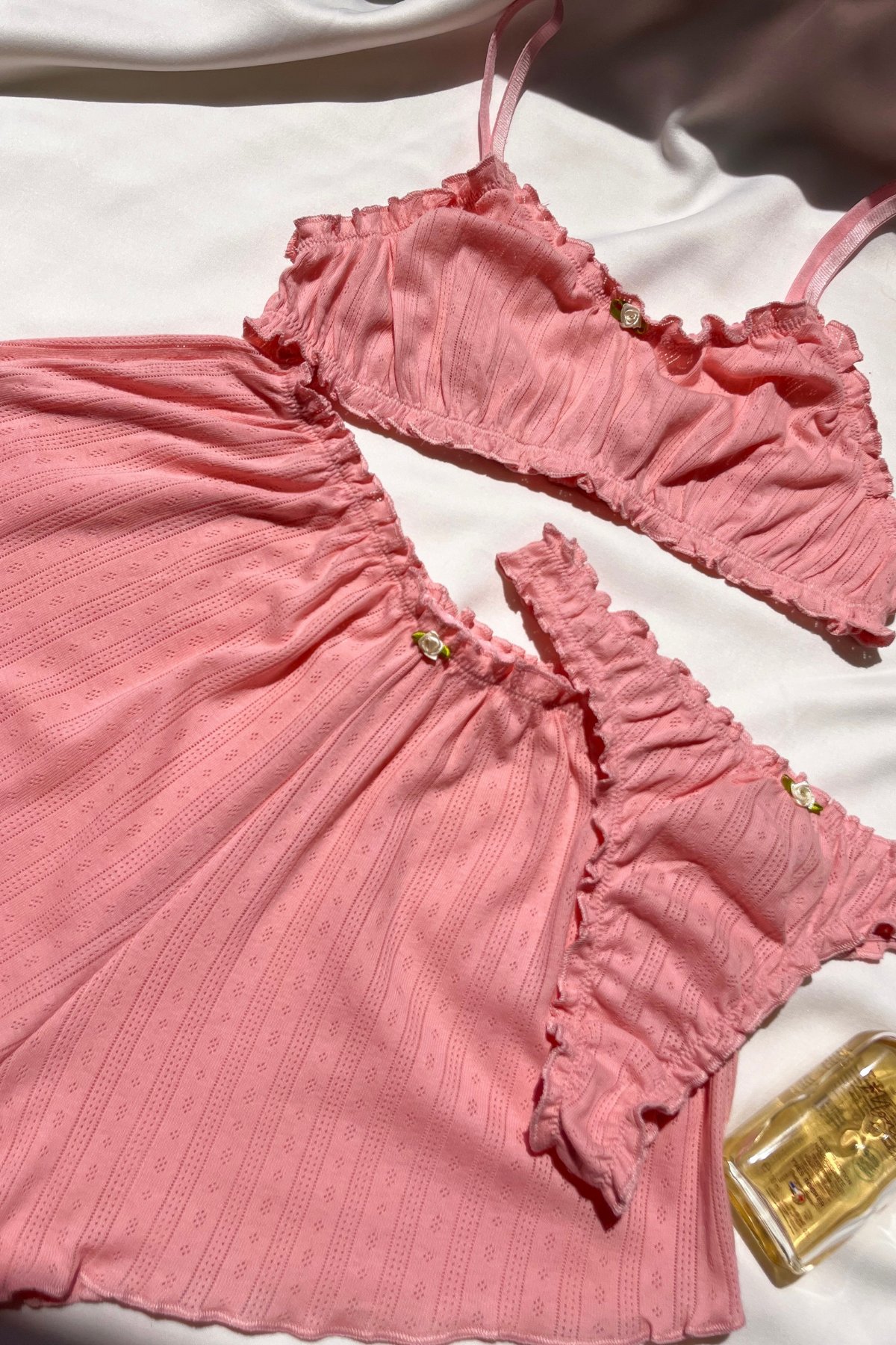 Isadora Blush Pink 3’lü Jakarlı Pamuklu Pijama Takımı — fırfırlı detaylı pembe bralet, şort ve külot seti