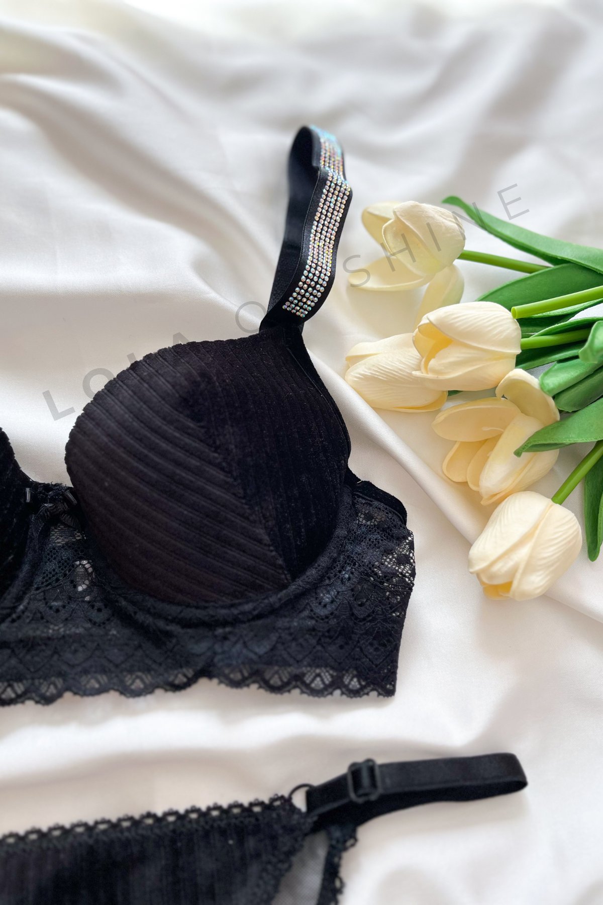 Daphne Koleksiyonu – Dantel ve Taş  Detaylı Siyah  Bralet & Külot Seti 