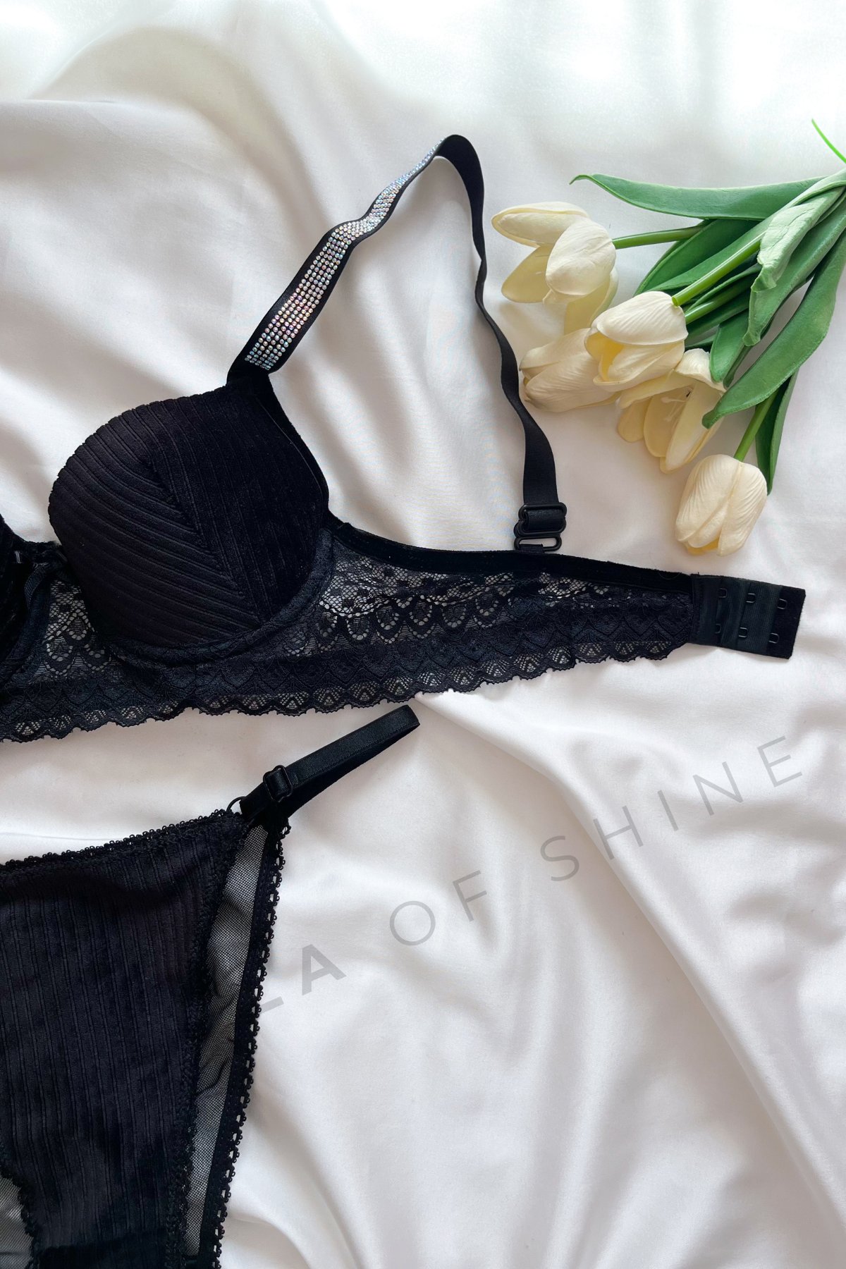 Daphne Koleksiyonu – Dantel ve Taş  Detaylı Siyah  Bralet & Külot Seti 