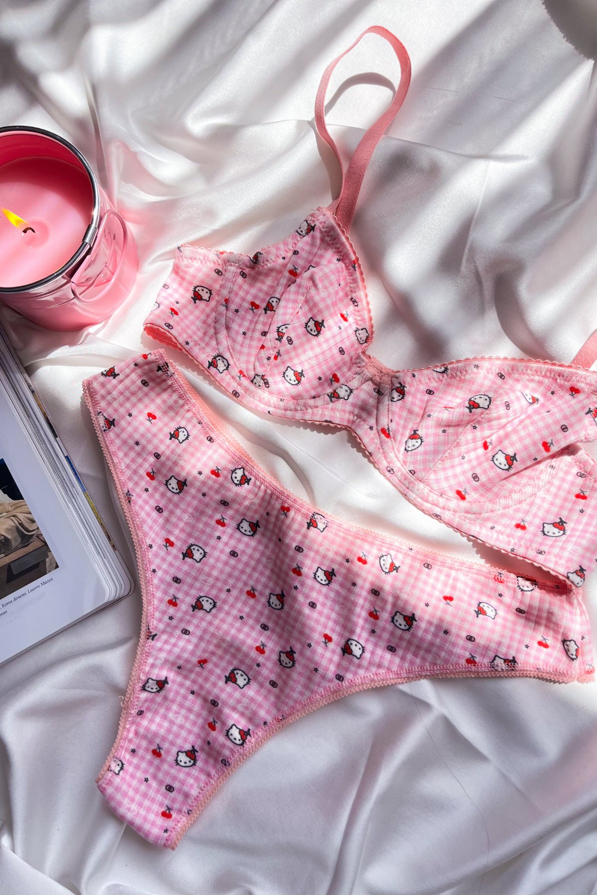 Kitty Koleksiyonu –Pembe Pamuklu Dantel Detaylı Bralet & Külot Seti 