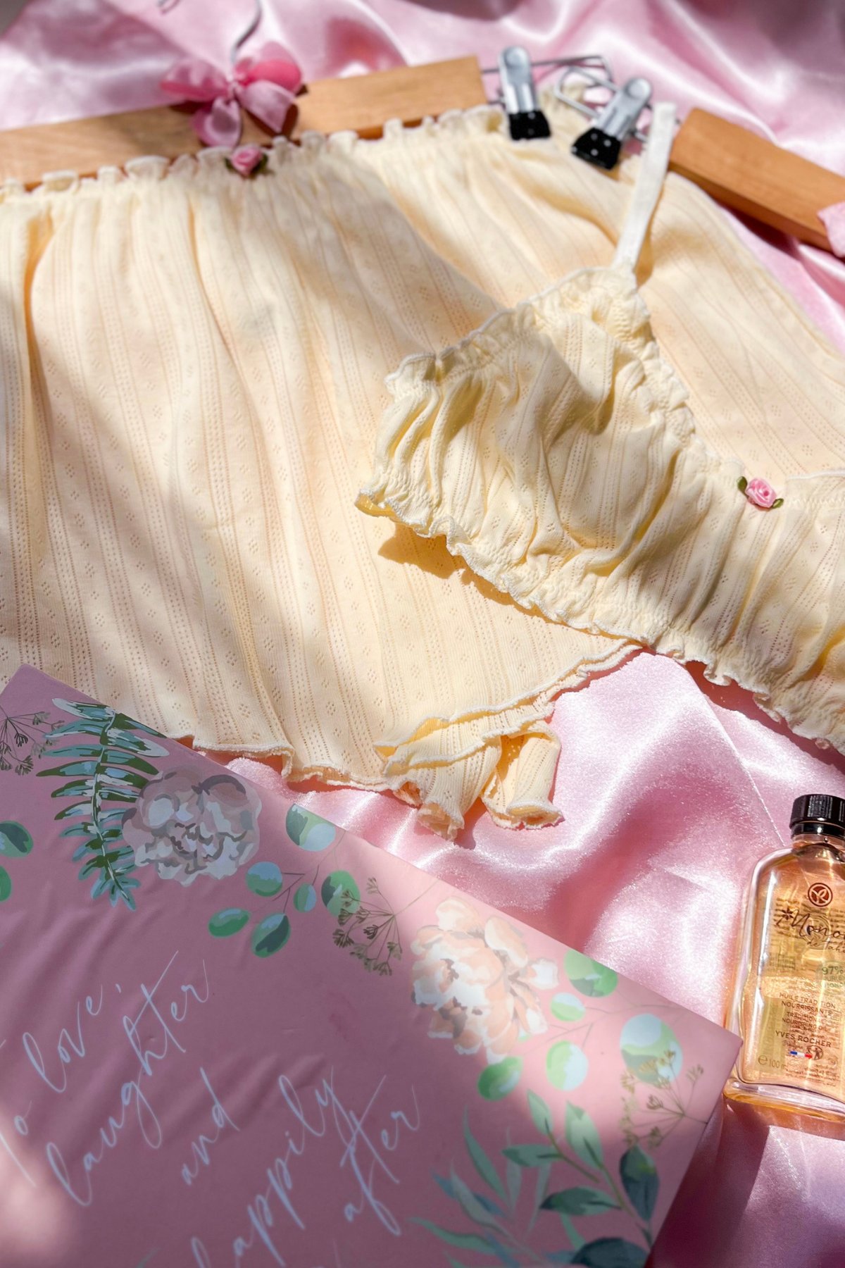 Isadora Butter Cream 3’lü Jakarlı Pamuklu Pijama Takımı — pudra fırfırlı bralet, şort ve tanga külotlu set