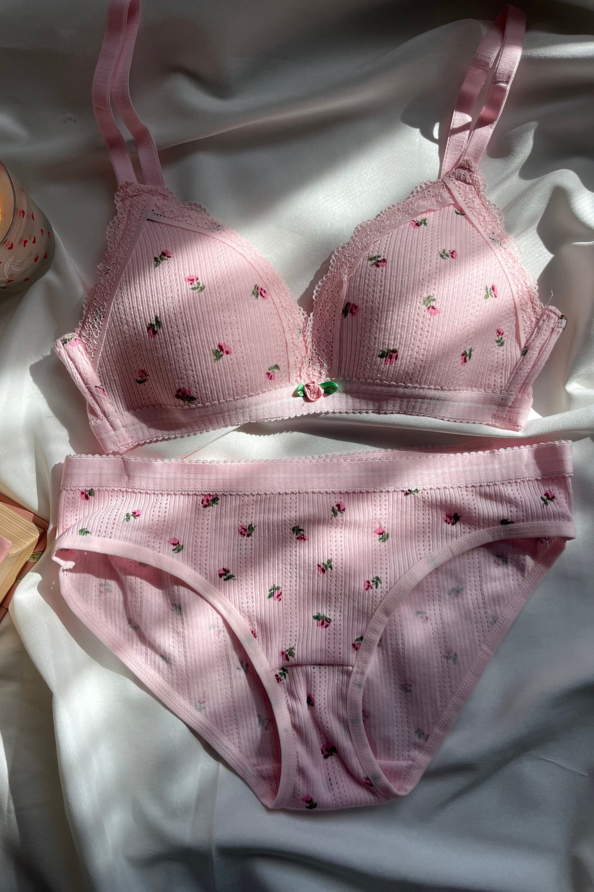Yayoi Kusama-Pembe Pamuklu Çiçek Desenli Bralet set