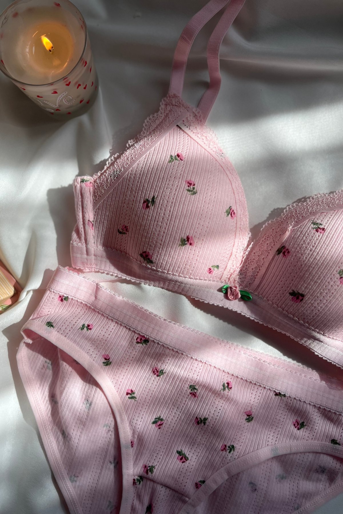 Yayoi Kusama-Pembe Pamuklu Çiçek Desenli Bralet set