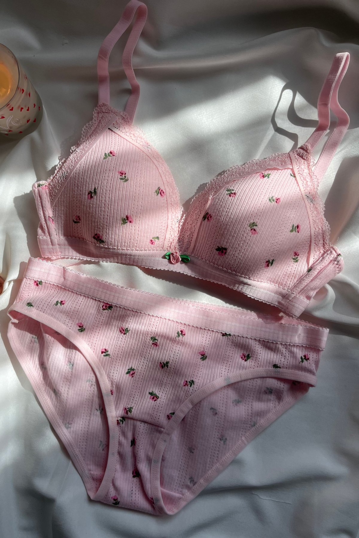 Yayoi Kusama-Pembe Pamuklu Çiçek Desenli Bralet set