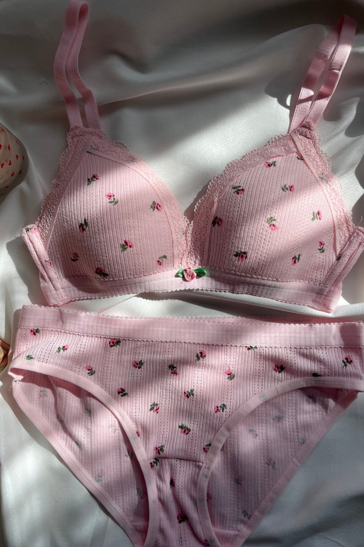 Yayoi Kusama-Pembe Pamuklu Çiçek Desenli Bralet set