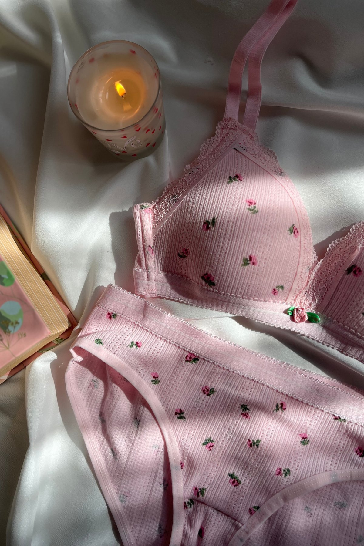 Yayoi Kusama-Pembe Pamuklu Çiçek Desenli Bralet set
