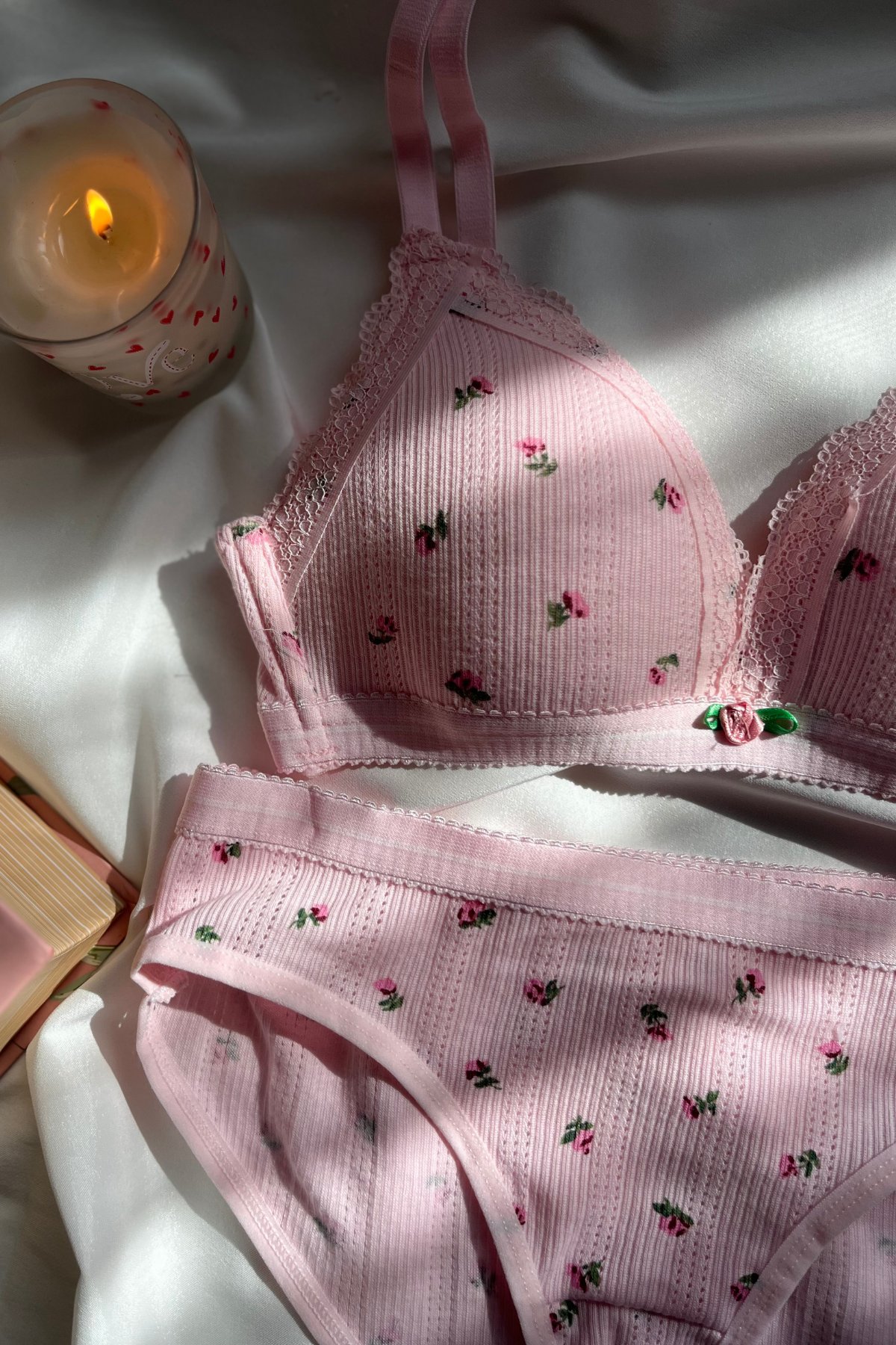 Yayoi Kusama-Pembe Pamuklu Çiçek Desenli Bralet set