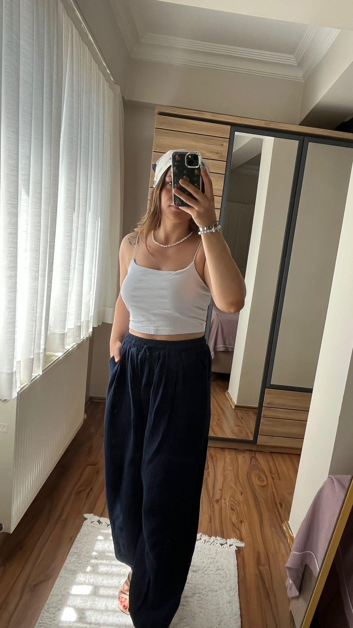 Lacivert Paçası Lastikli Müslin Pantolon