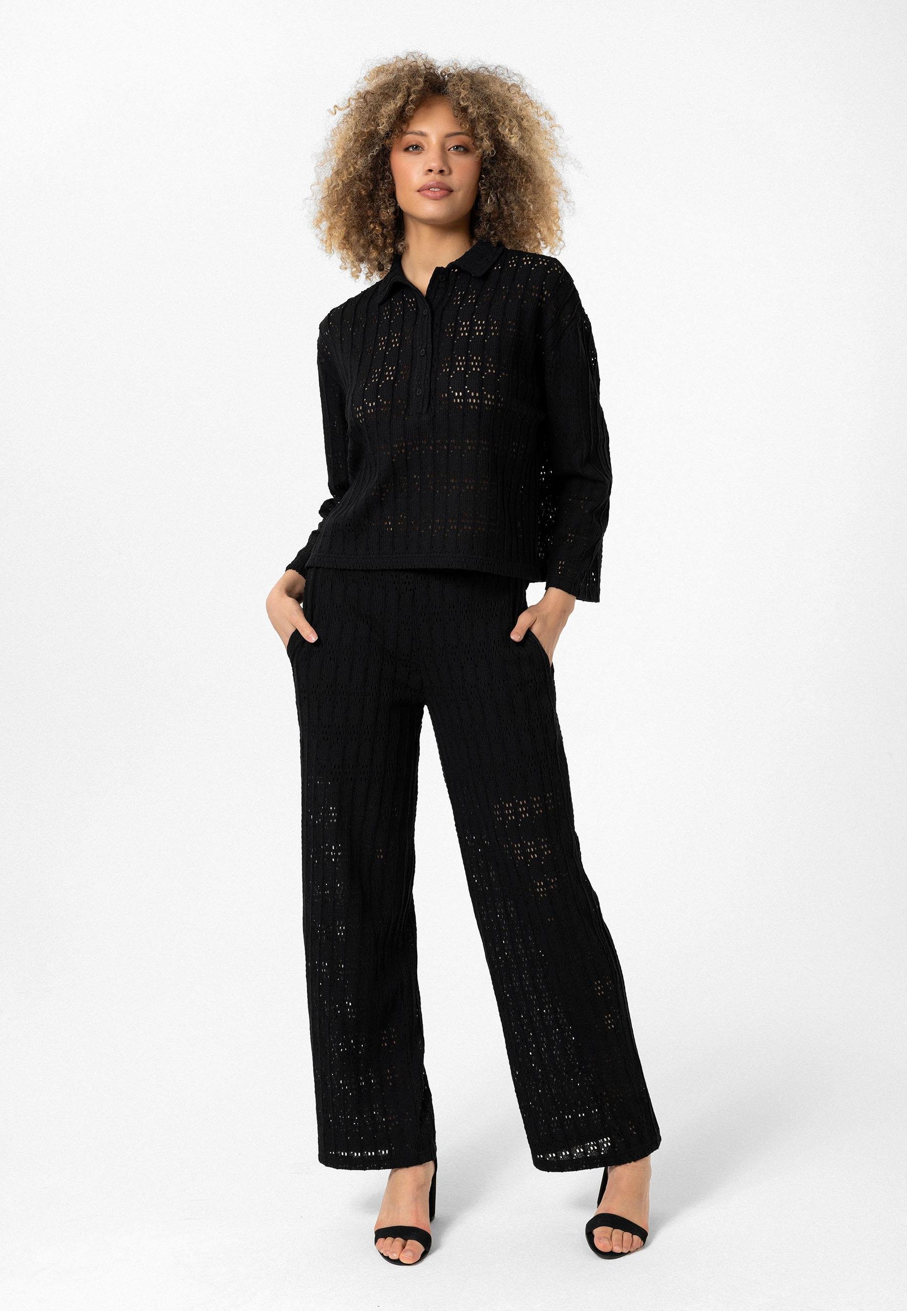Josephine Kadın Siyah Oversize Ajurlu Polo Yaka Takım