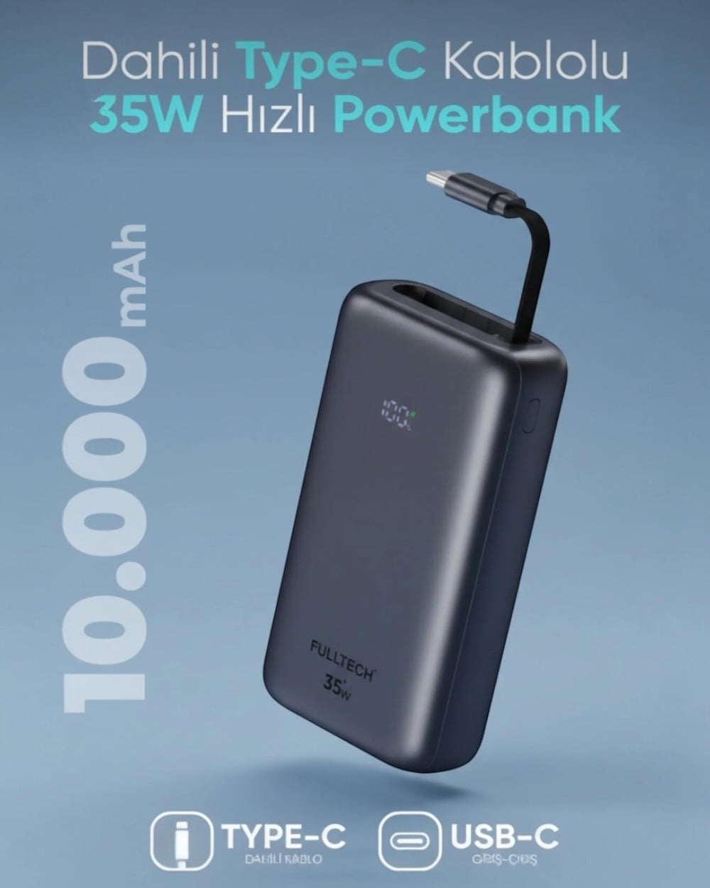 Powerbank10.000 mAh 35W Süper Hızlı Şarjlı Kendinden Type-C Kablolu Lcd Powerbank Taşınabilir Şarj Cihazı