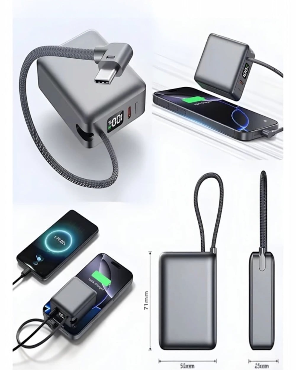 Powerbank10.000 mAh 20W Hızlı Şarj Kendinden Type-C Kablolu Lcd Mini Powerbank Taşınabilir Şarj Cihazı