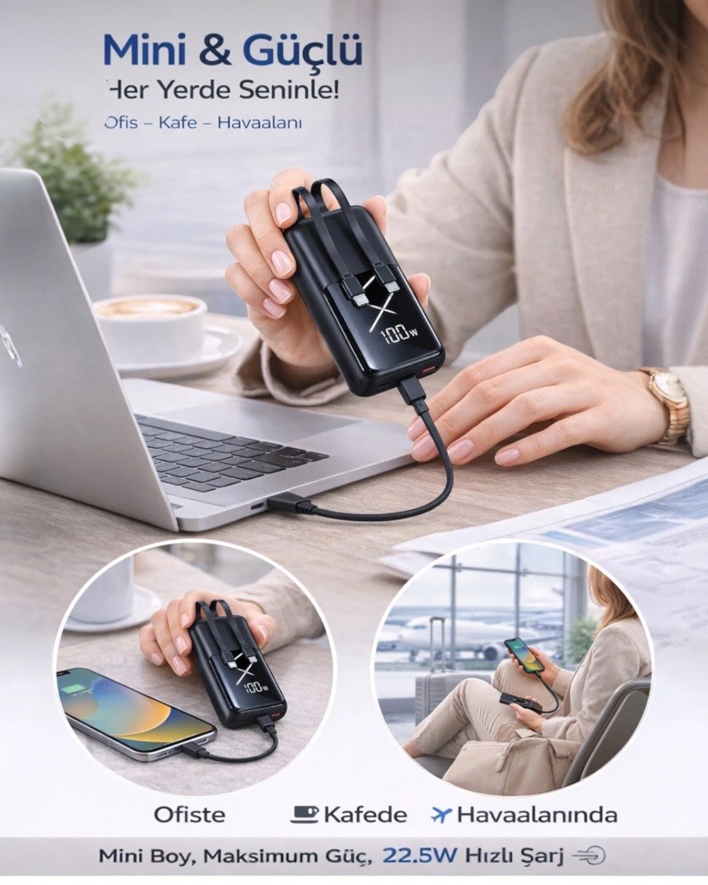 Powerbank10.000 mAh 22.5W Hızlı Şarjlı Kendinden Kablolu Dijital Mini Powerbank Taşınabilir Şarj Cihazı