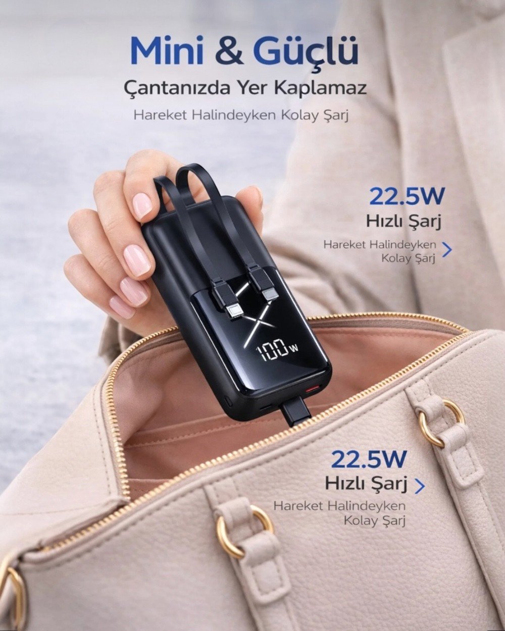 Powerbank10.000 mAh 22.5W Hızlı Şarjlı Kendinden Kablolu Dijital Mini Powerbank Taşınabilir Şarj Cihazı
