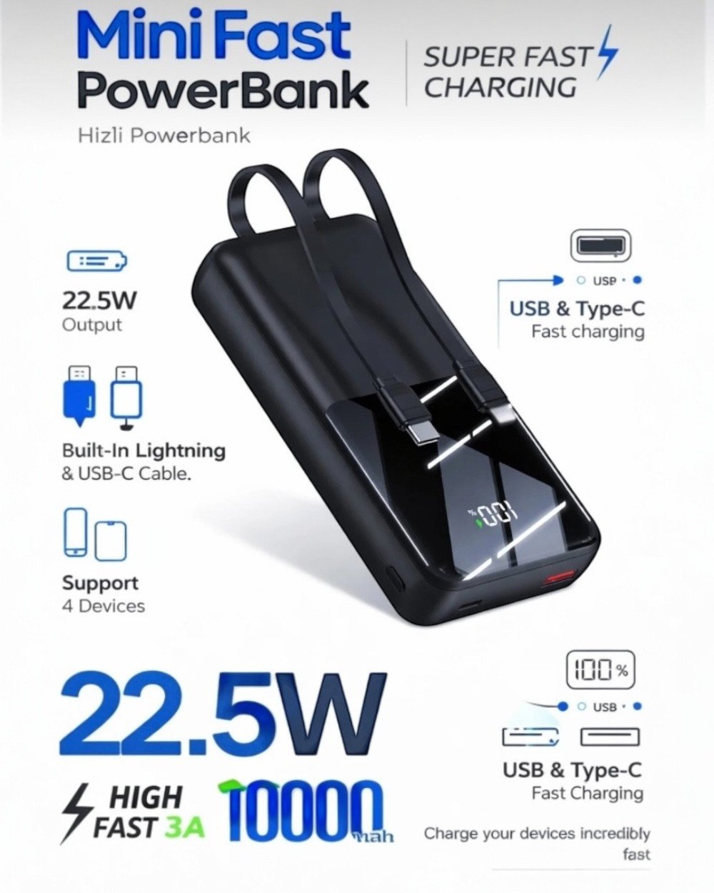 Powerbank10.000 mAh 22.5W Hızlı Şarjlı Kendinden Kablolu Dijital Mini Powerbank Taşınabilir Şarj Cihazı