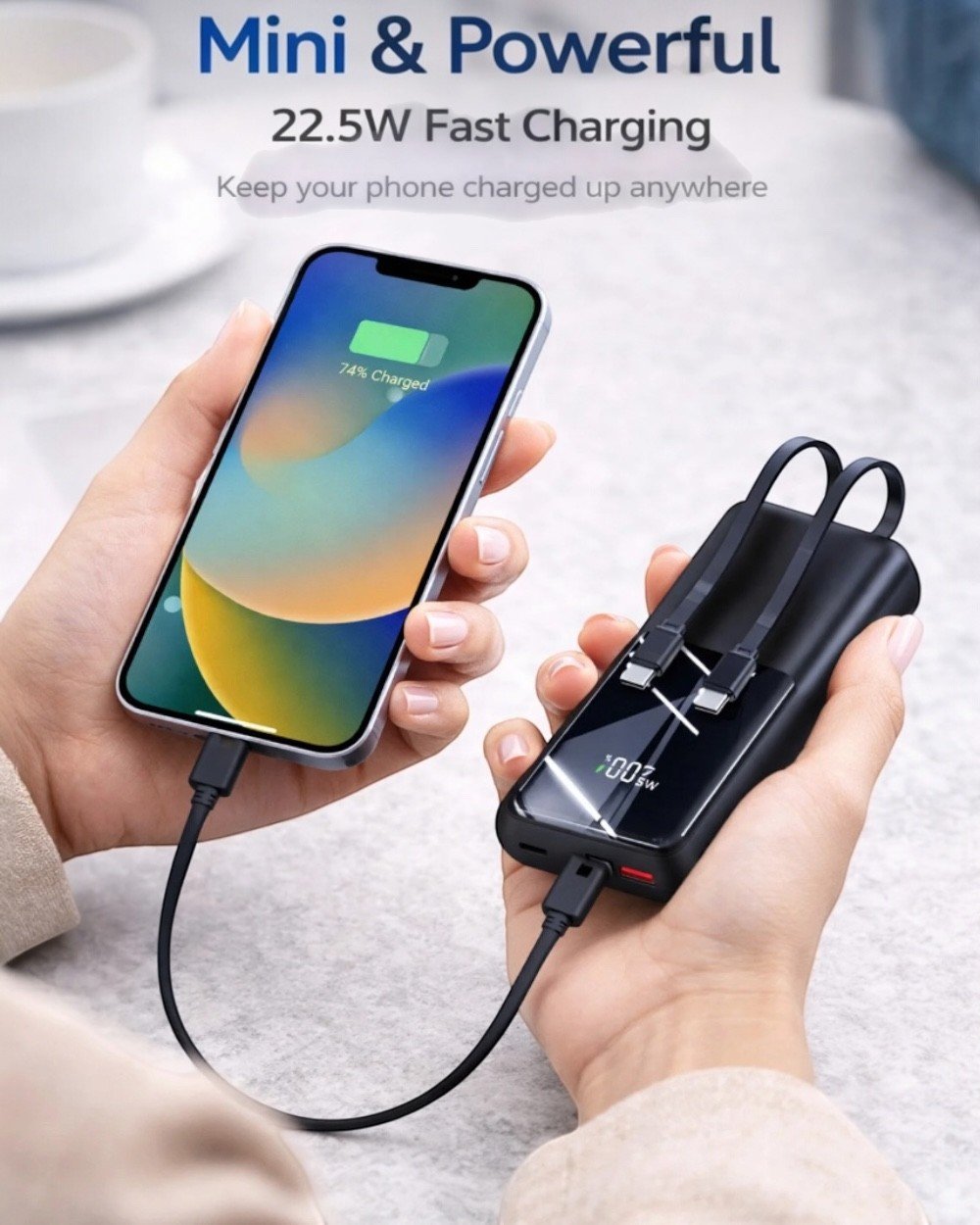 Powerbank10.000 mAh 22.5W Hızlı Şarjlı Kendinden Kablolu Dijital Mini Powerbank Taşınabilir Şarj Cihazı