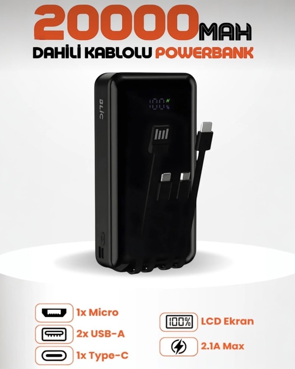 Powerbank20.000 mAh Kendinden Kablolu Dijital Göstergeli Type-C Lightning Powerbank Taşınabilir Şarj Cihazı