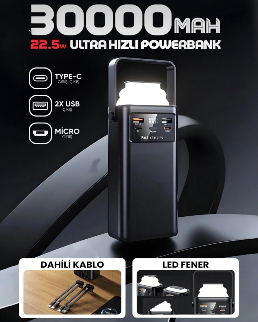 Powerbank30.000 mAh 22.5W Hızlı Şarjlı Kendinden Kablolu Kamp Lambalı Powerbank Taşınabilir Şarj Cihazı