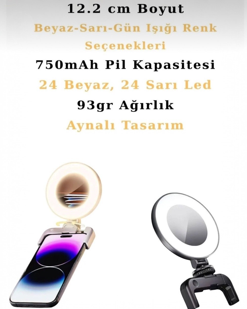 Selfie IşığıAyna Tasarımlı Ring Light Selfie Işığı 750 Mah Şarjlı Klipsli Makyaj ve Canlı Yayın Işığı