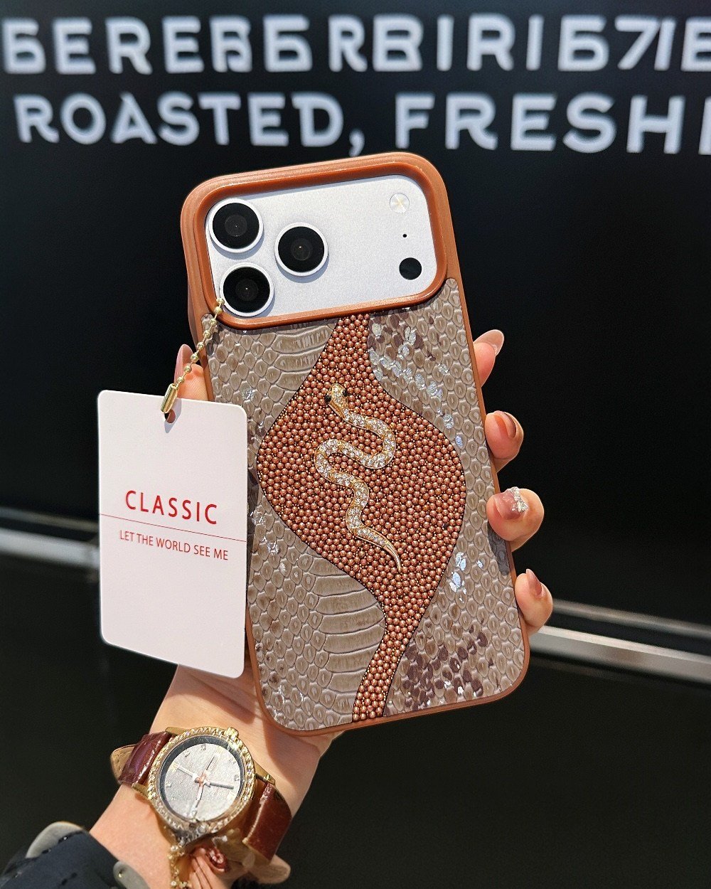 Telefon KılıfıIphone Uyumlu Yılan Derisi Dokulu Taşlı Yılanlı Premium Kılıf