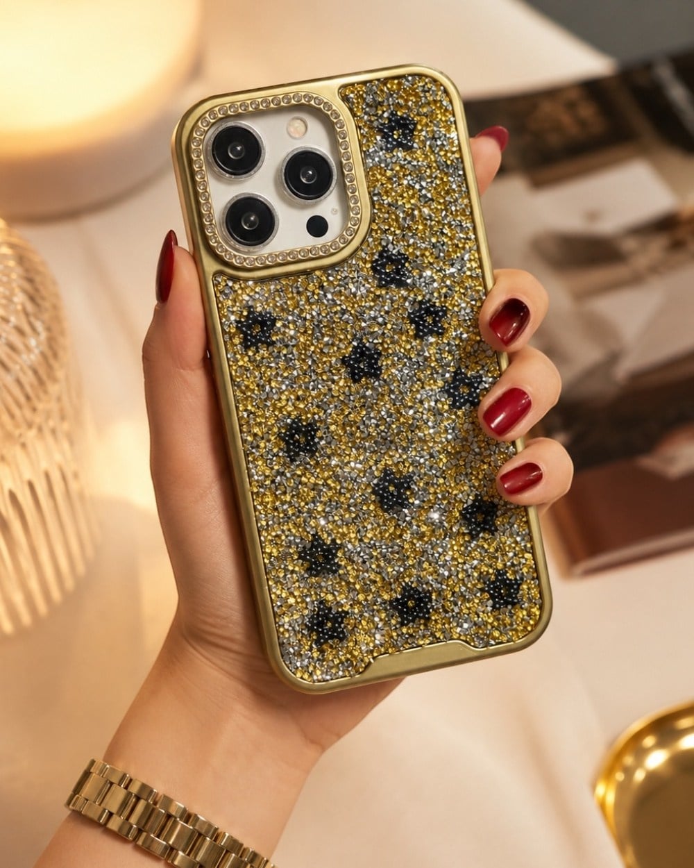 Telefon KılıfıIphone Uyumlu Yıldız Tasarımlı Full Parlak Taş Yüzeyli Lüks Premium Kılıf