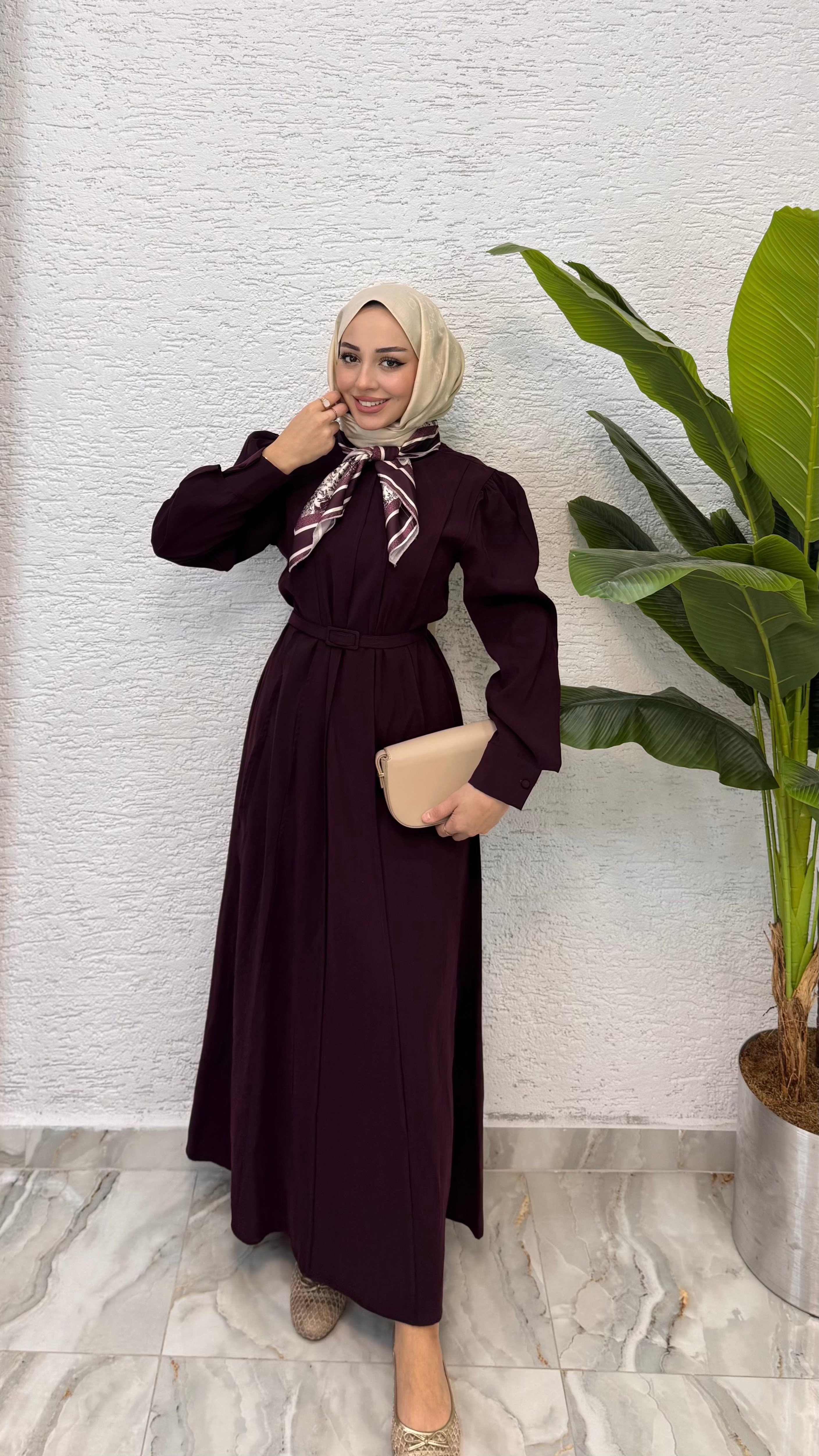 Fular ve Kemer Detaylı Elbise | Mürdüm