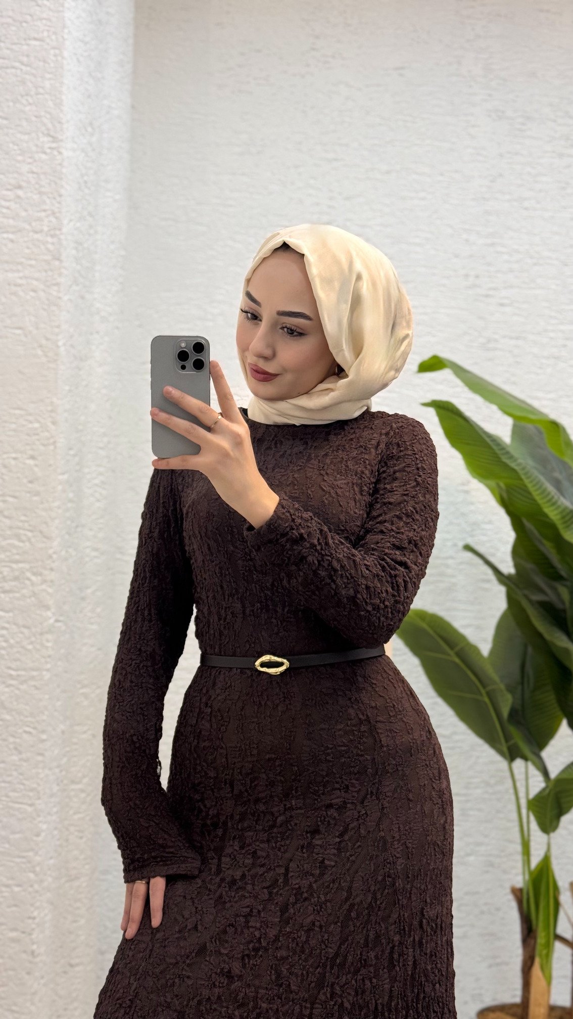 Kemer Detaylı Dantel Elbise | Kahverengi