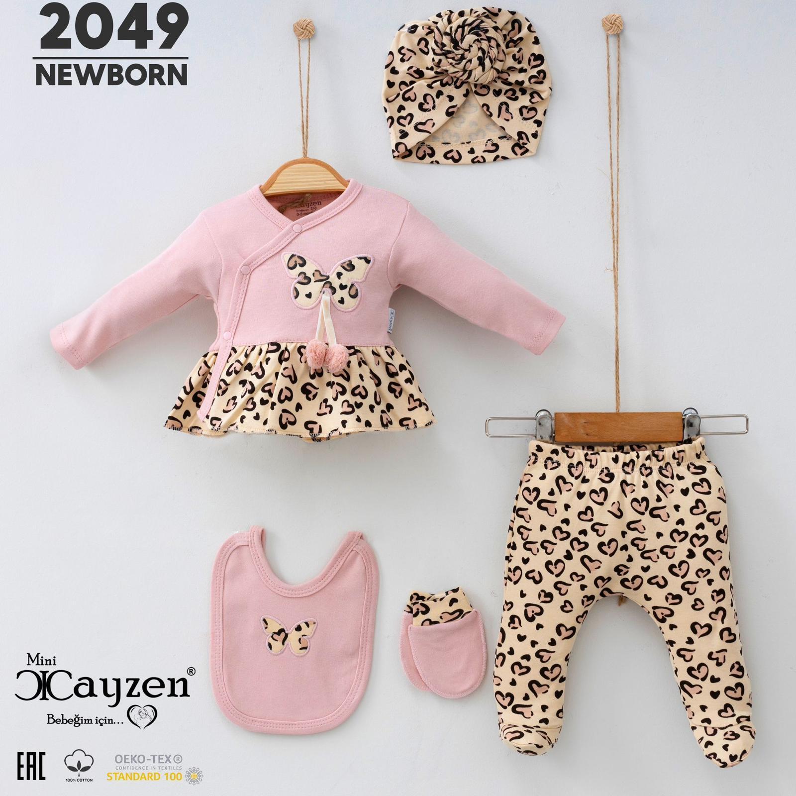 Leopar Desenli Naturel Mevsimlik Kız Bebek Beşli Set