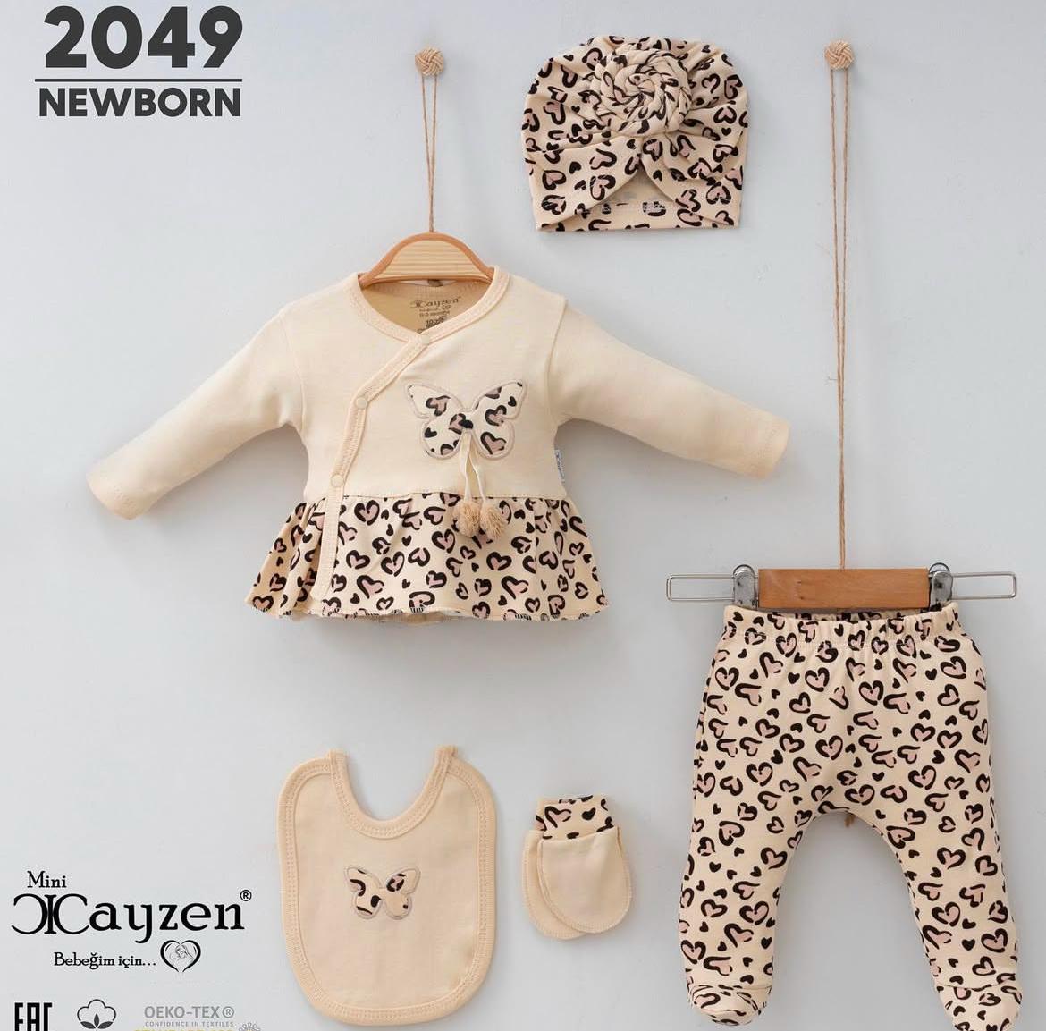 Leopar Desenli Naturel Mevsimlik Kız Bebek Beşli Set