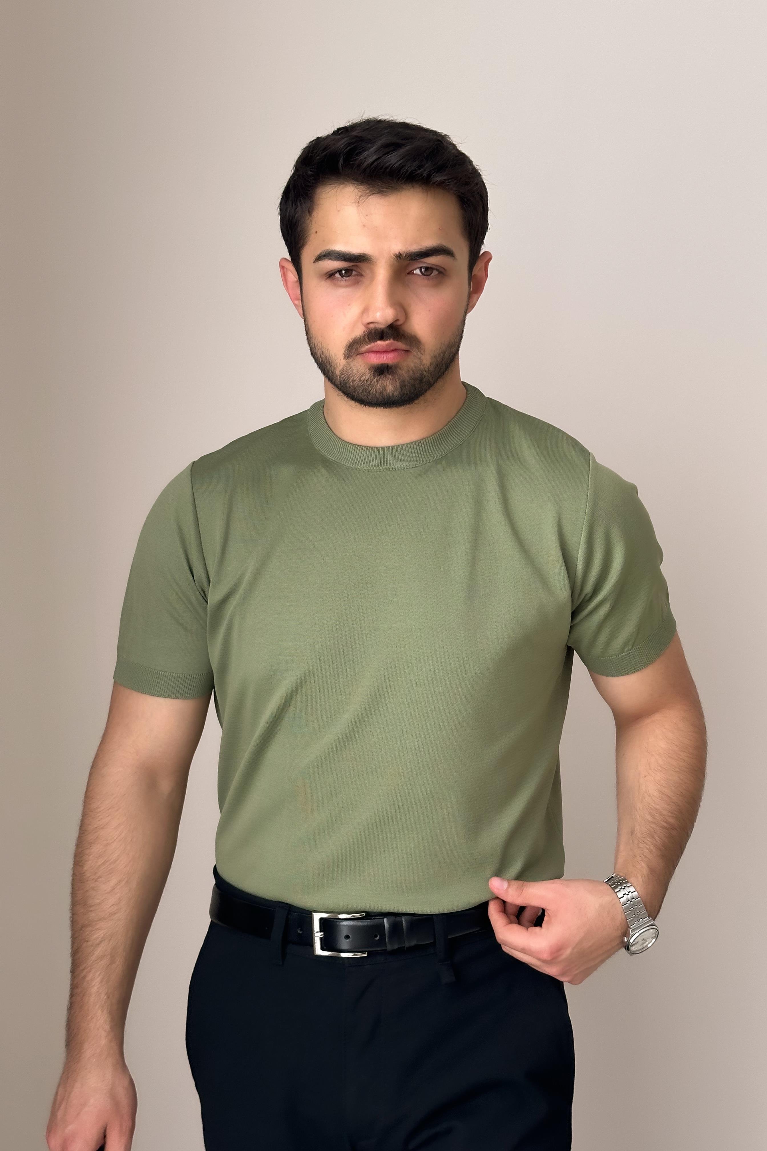 Bisiklet Yaka Kısa Kollu Triko - Yeşil