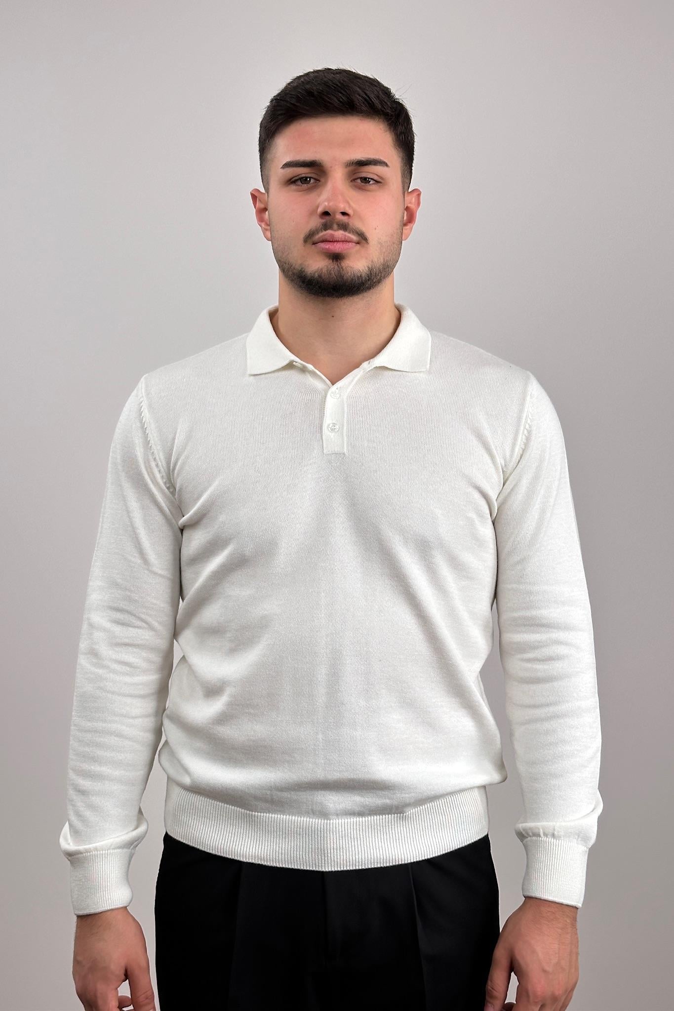 Düğmeli Polo Yaka Triko - Beyaz