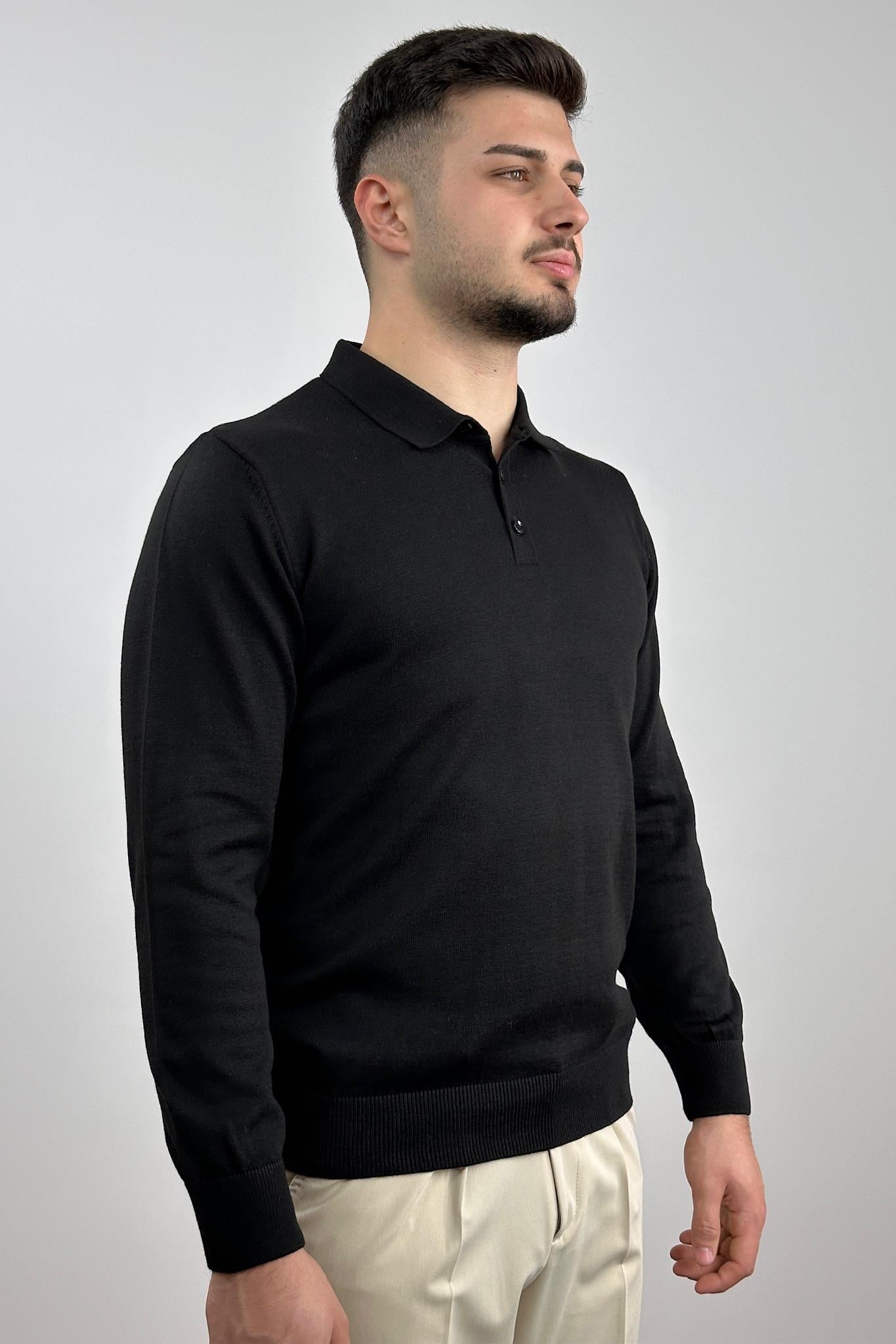 Düğmeli Polo Yaka Triko - Siyah