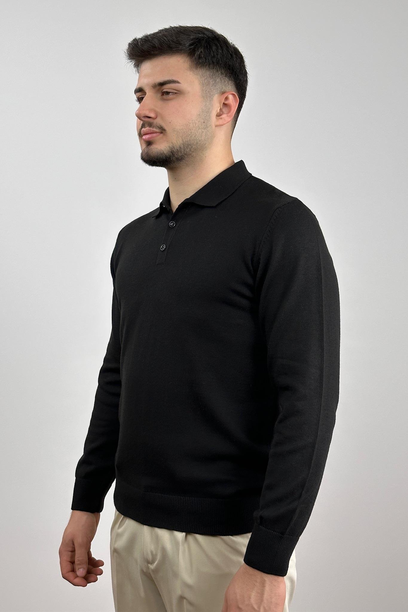 Düğmeli Polo Yaka Triko - Siyah