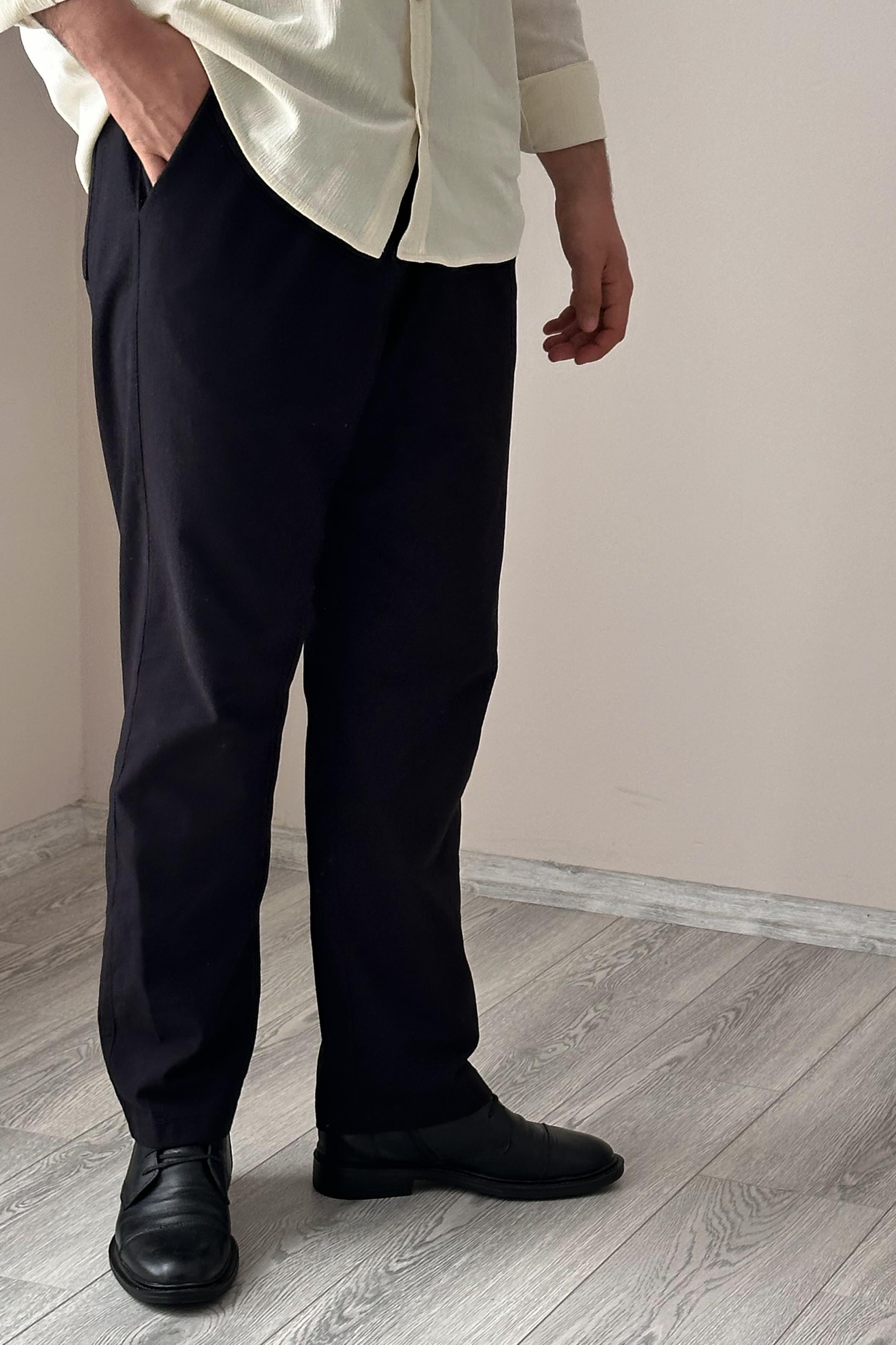 Keten Lastikli Pantolon - Siyah
