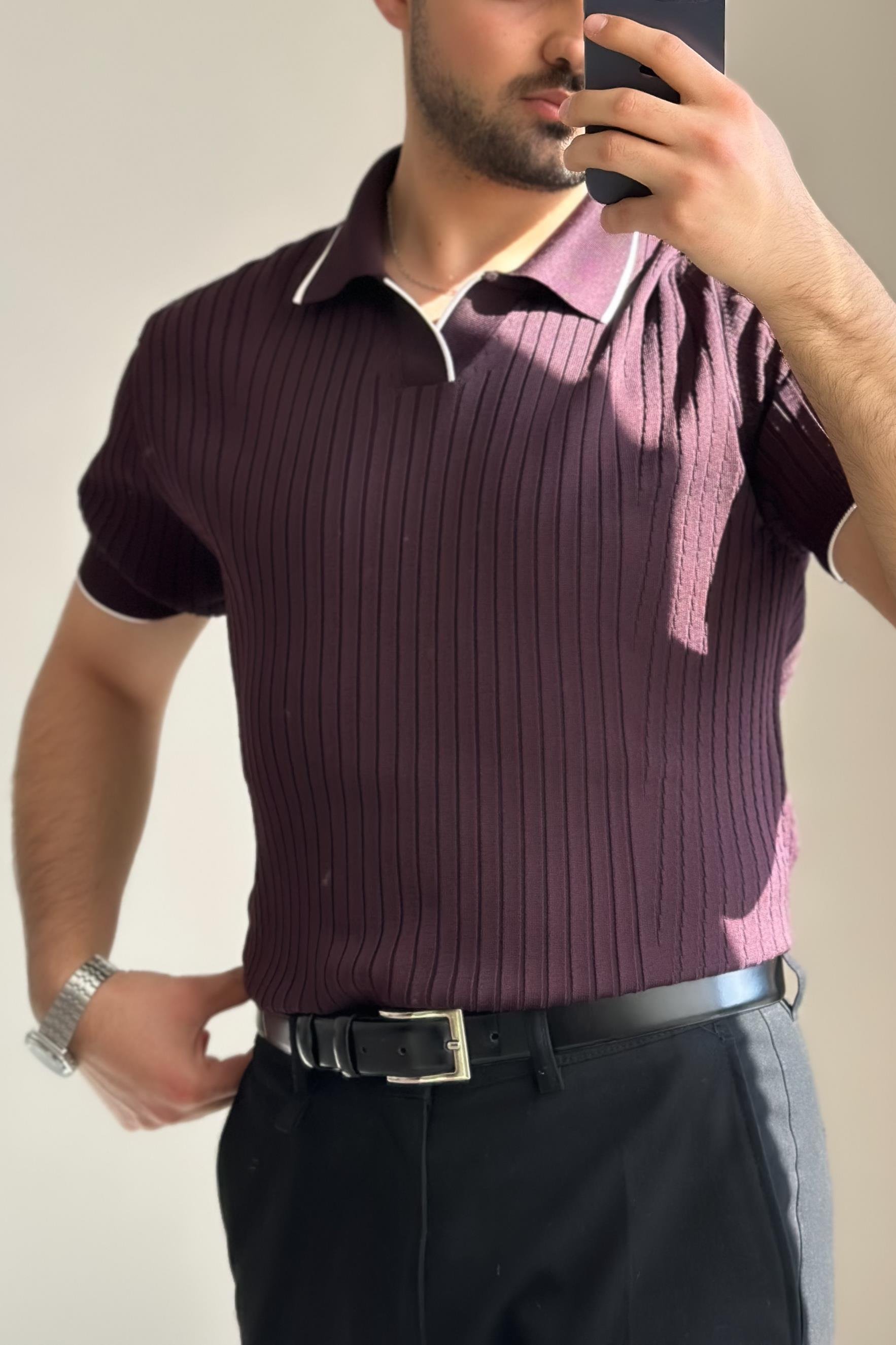 Polo Yaka Çizgili Kısa Kollu Triko - Bordo