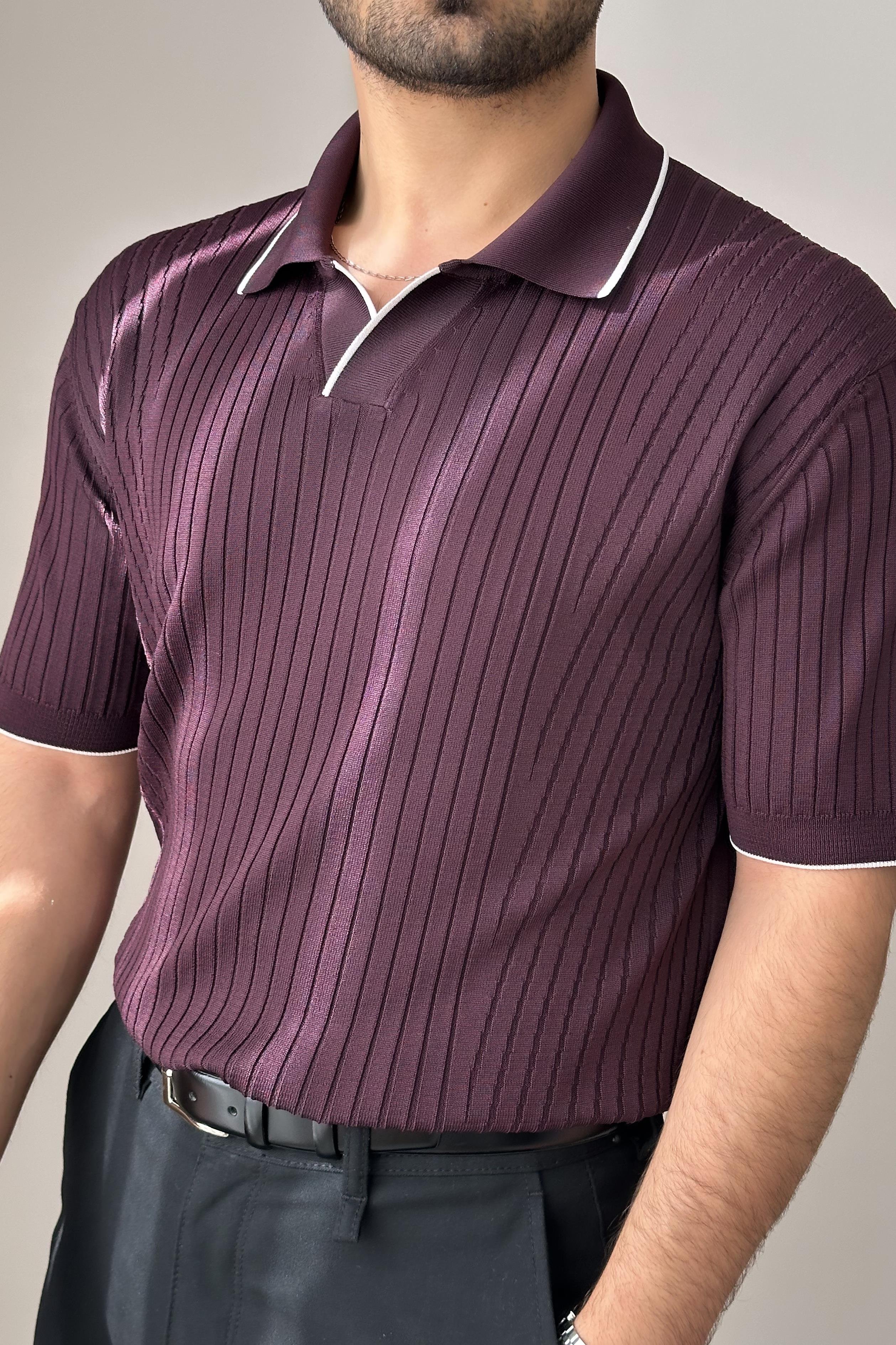 Polo Yaka Çizgili Kısa Kollu Triko - Bordo