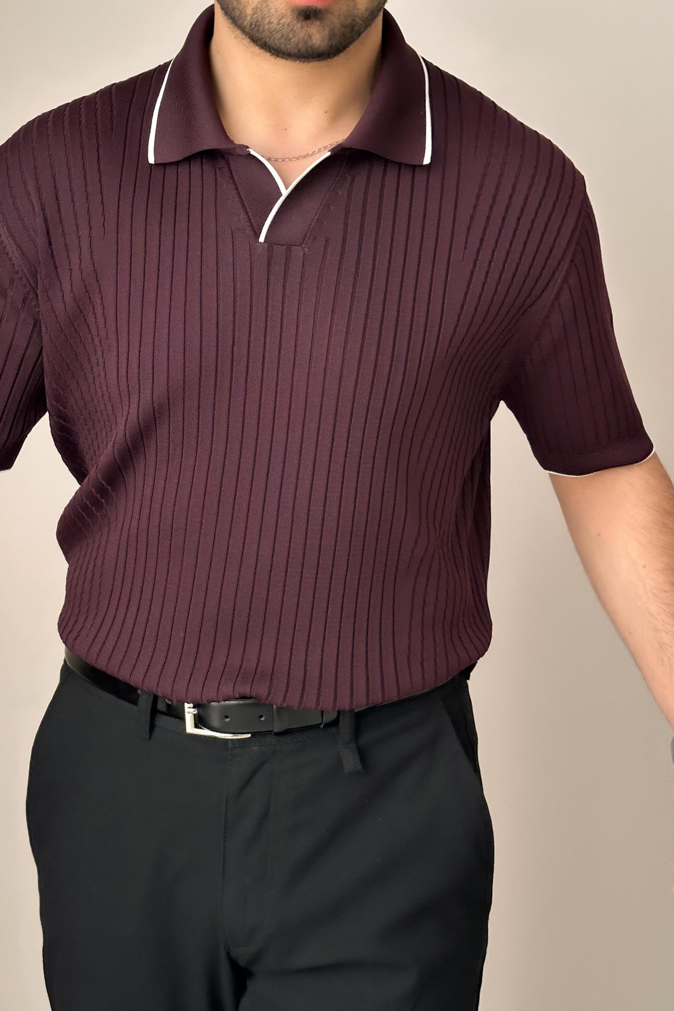 Polo Yaka Çizgili Kısa Kollu Triko - Bordo