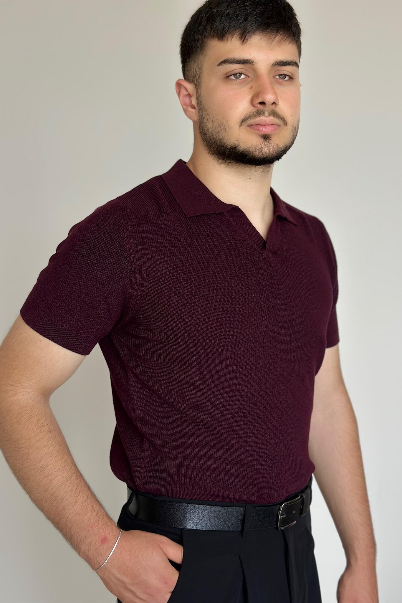 Polo Yaka Selanik Örgüsü Triko Tişört - Bordo