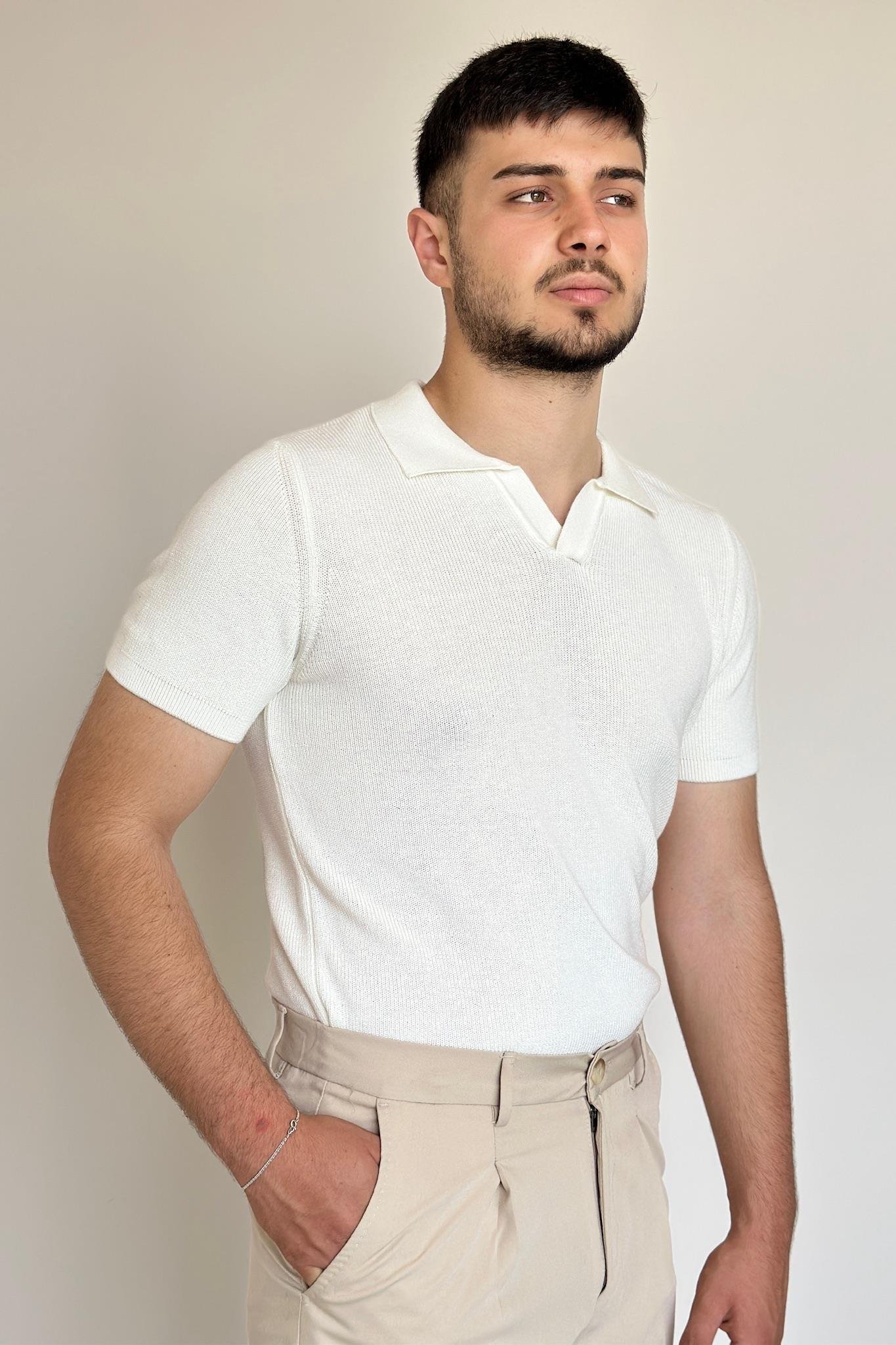 Polo Yaka Selanik Örgüsü Triko Tişört - Beyaz
