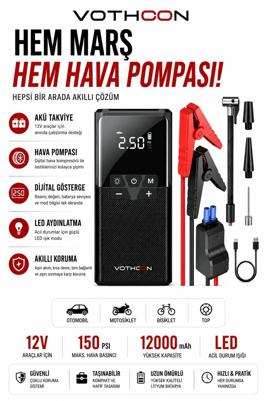 12000 Mah Akıllı Akü Takviye Ve Dijital Hava Pompası Akım Korumalı